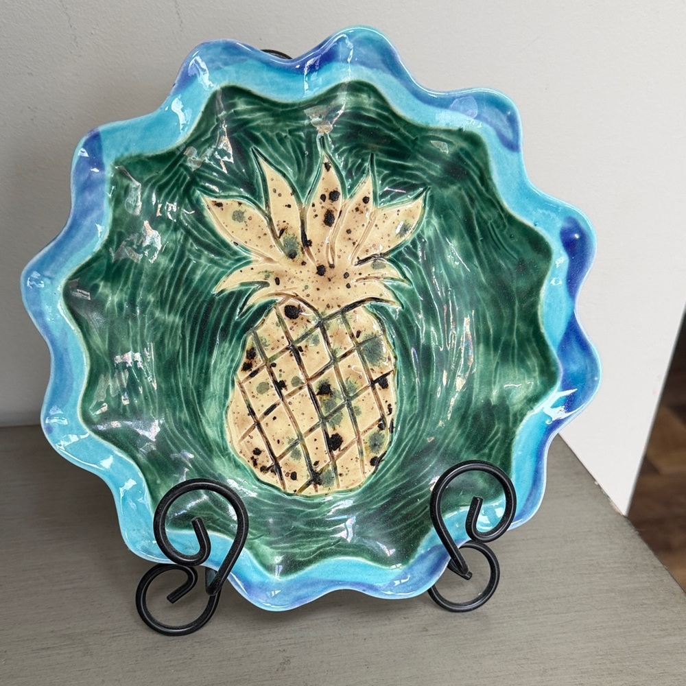 Handcrafted Pineapple Ceramic Decorative Plate Blue & Green